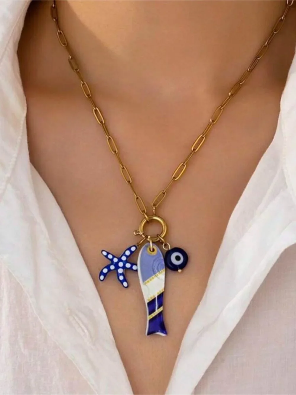 New! Coastal Blue Fish Charm Evil Eye Gold Paperclip Chain Necklace (4011) NWOT